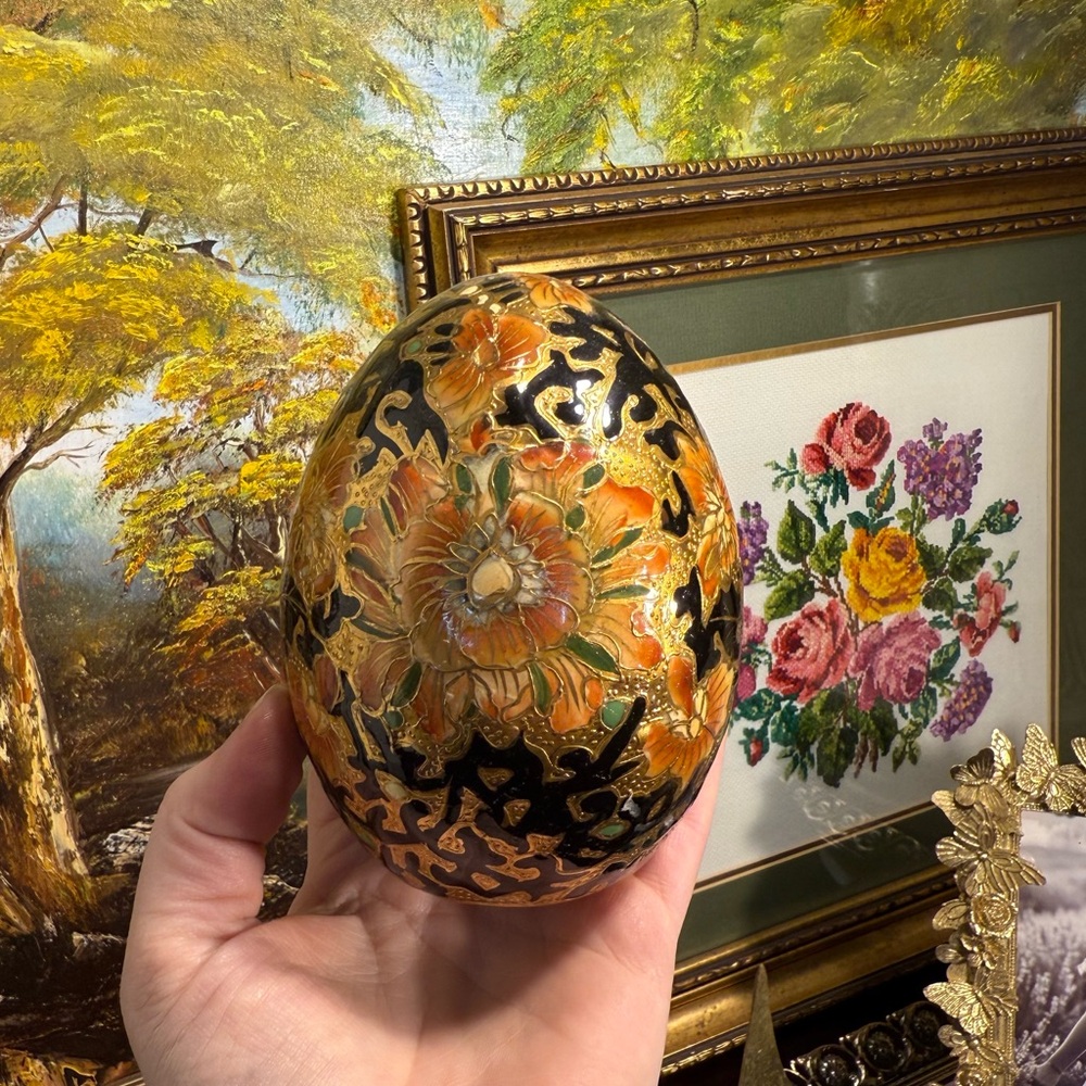 Hand-Painted Decorative Floral Egg - Orange and Gold